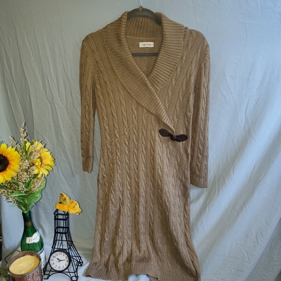 310- Calvin Klein Cable knit Faux Wrap Sweater dress shawl neck  long sleeve - Picture 12 of 14